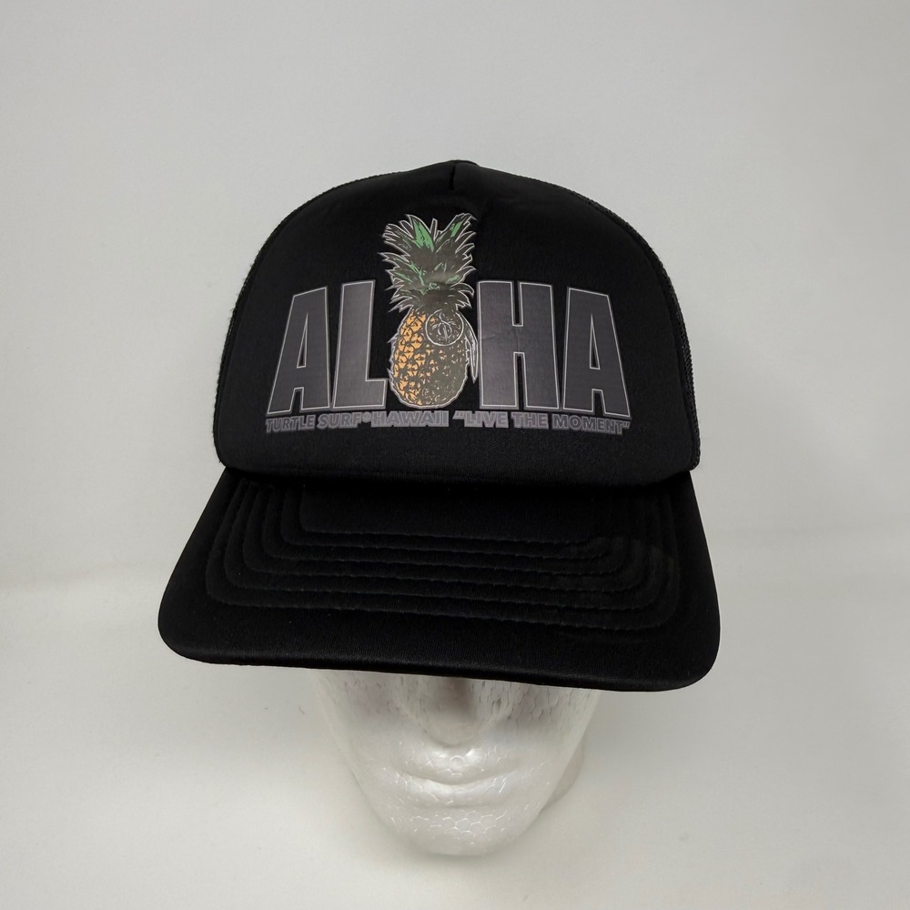 Yupoong The Classics Aloha Pineapple Turtle Surf Hawaii Black Trucker Hat Cap